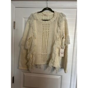 BNCI Cream Ivory Chunky Fringe Open Knit Boho Sweater Small NWT